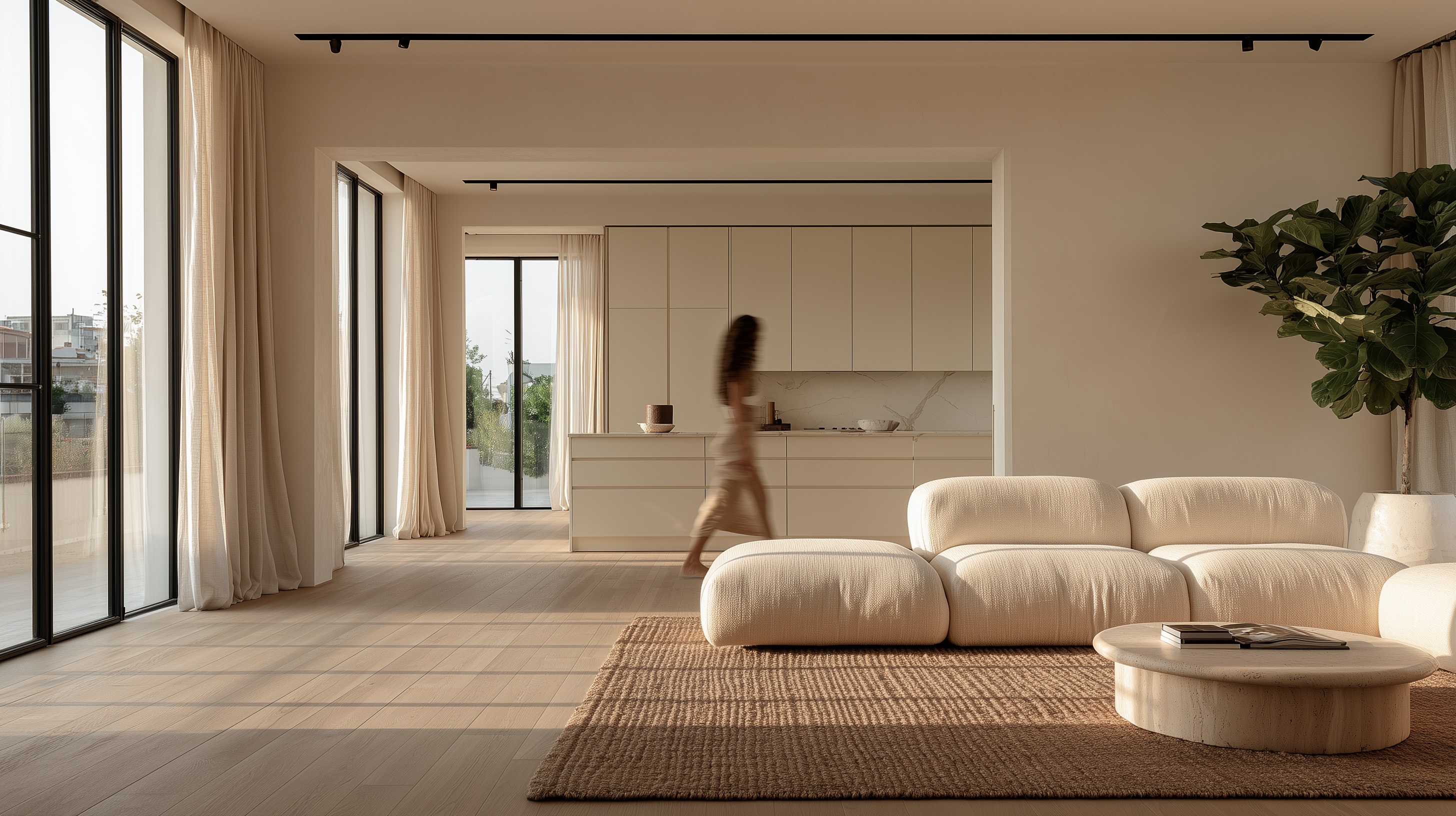 Ambiente domestico aperto con soggiorno e cucina, illuminato dalla luce naturale.